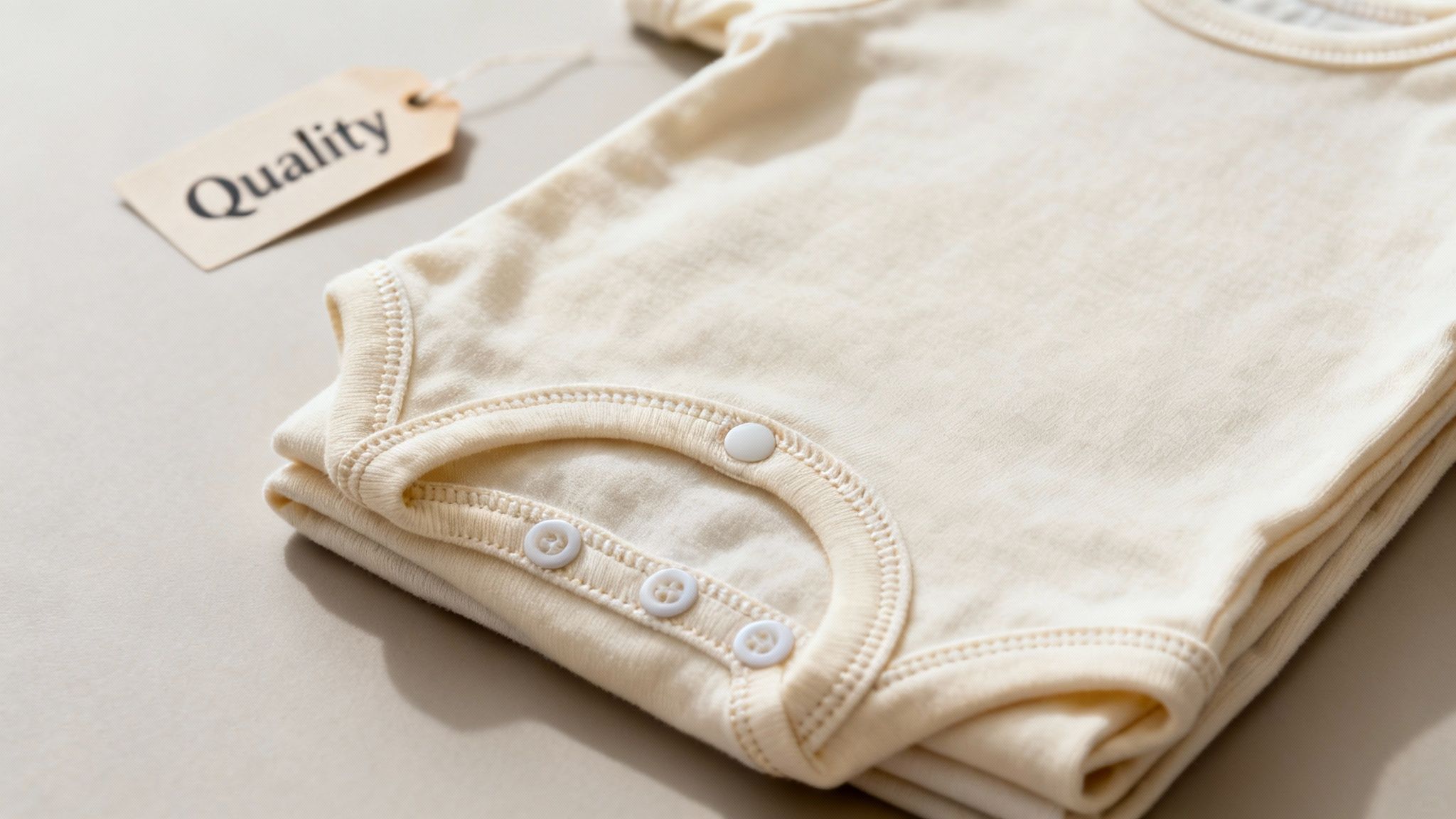 Soft, folded cream-colored baby onesies with snap closures and a 'Quality' label.