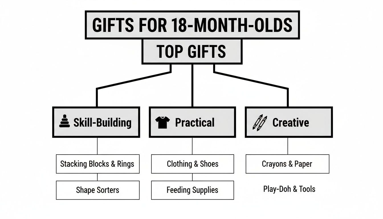 A comprehensive diagram illustrating categorized gift ideas for 18-month-olds, including skill-building, practical, and creative options.