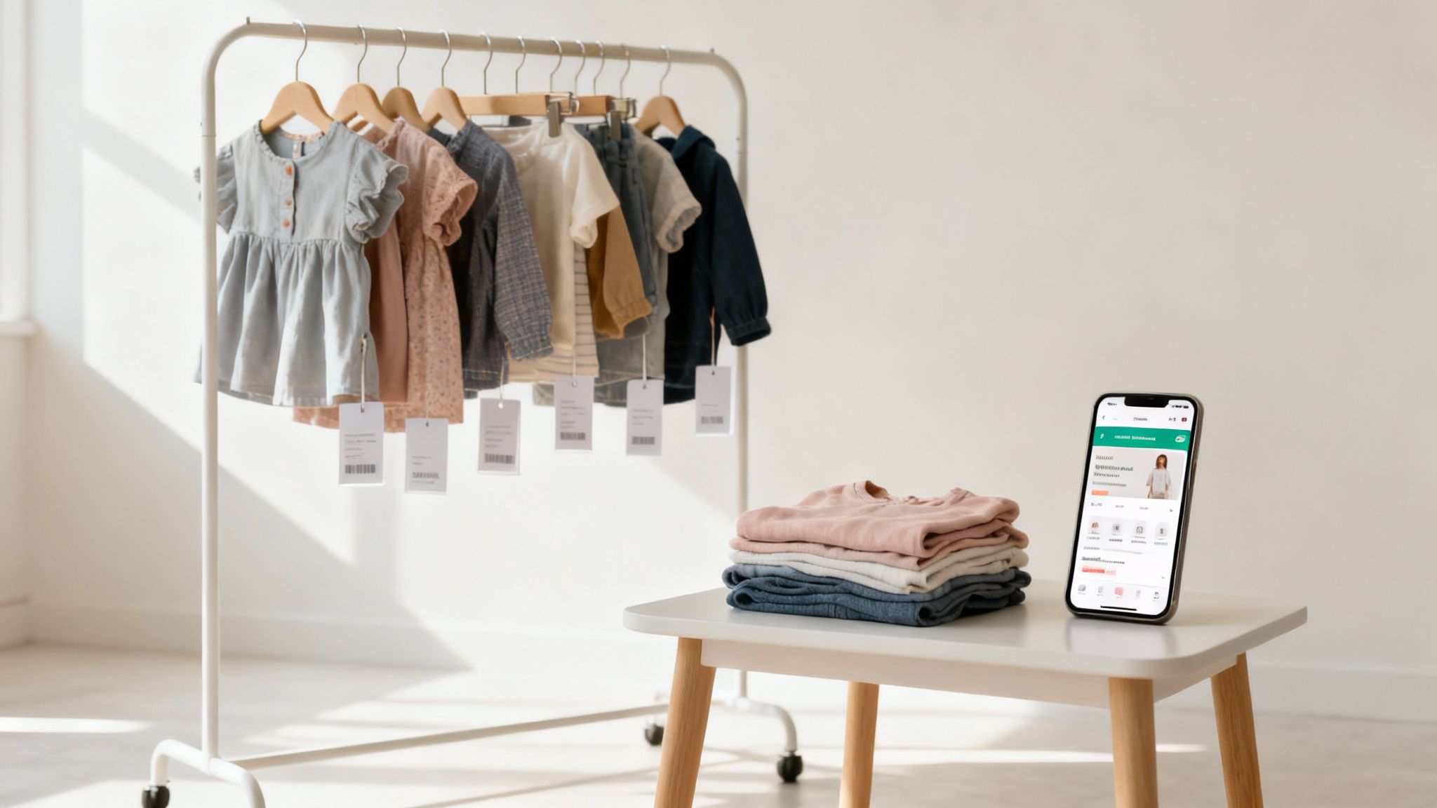Children's clothes on a rack and folded, with a smartphone displaying a shopping app.
