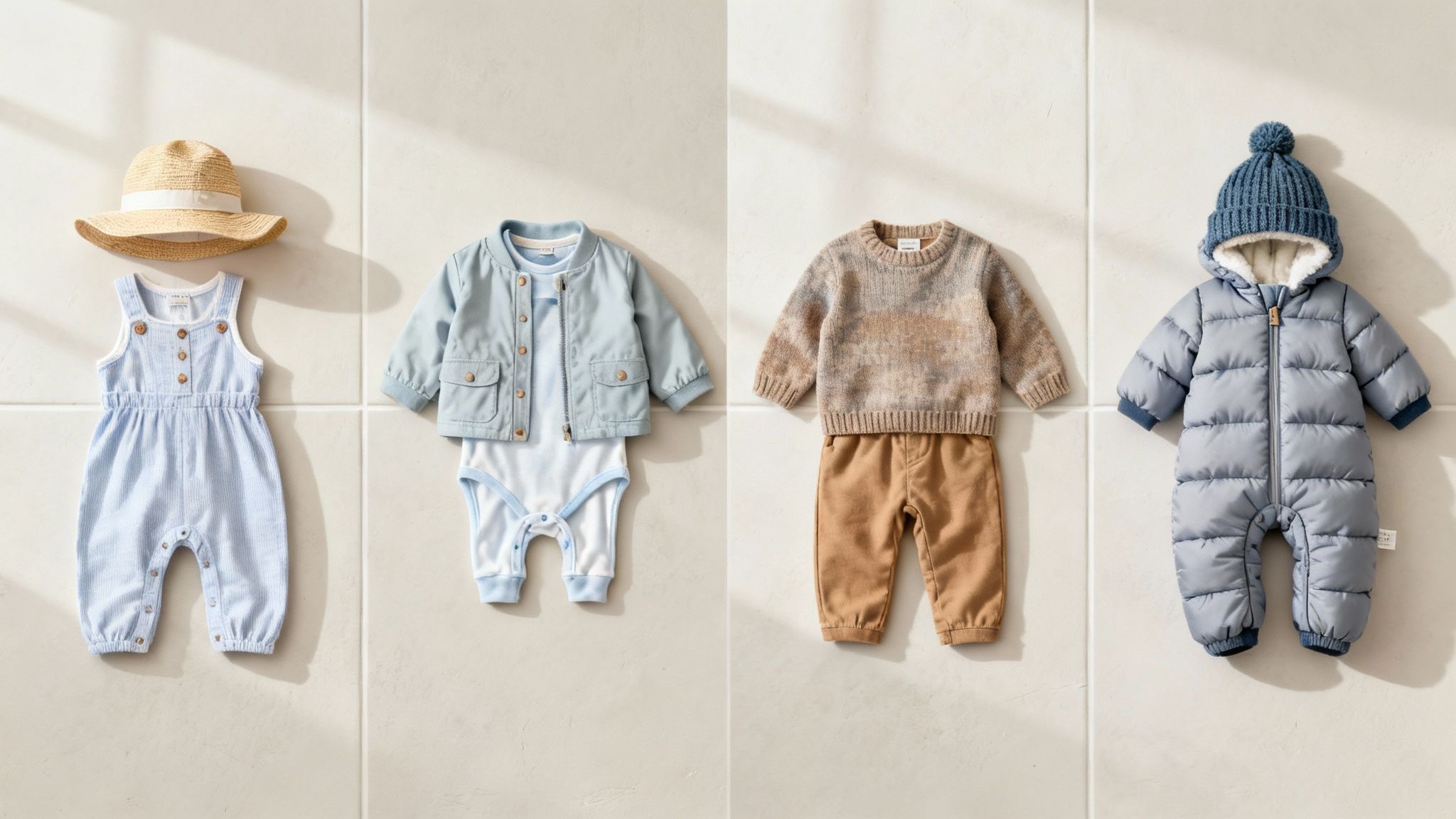 Four different stylish baby boy outfits, including rompers, sweaters, and a snowsuit, on a tiled floor.