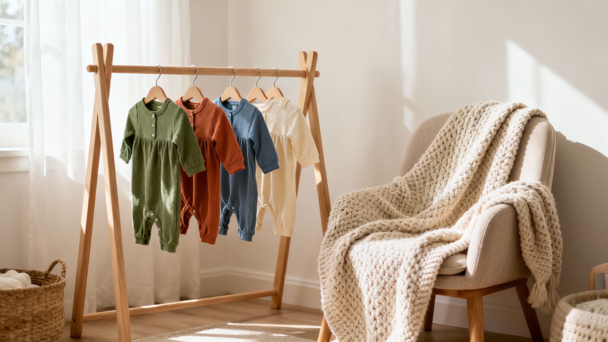 A wooden clothing rack holds four neutral-colored baby rompers in green, rust, blue, and cream, next to a cozy armchair with a knitted blanket.
