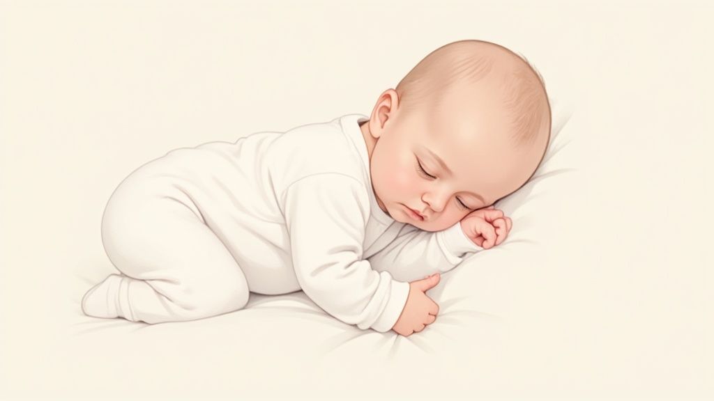A baby wearing a comfortable onesie with mitten cuffs, sleeping peacefully.