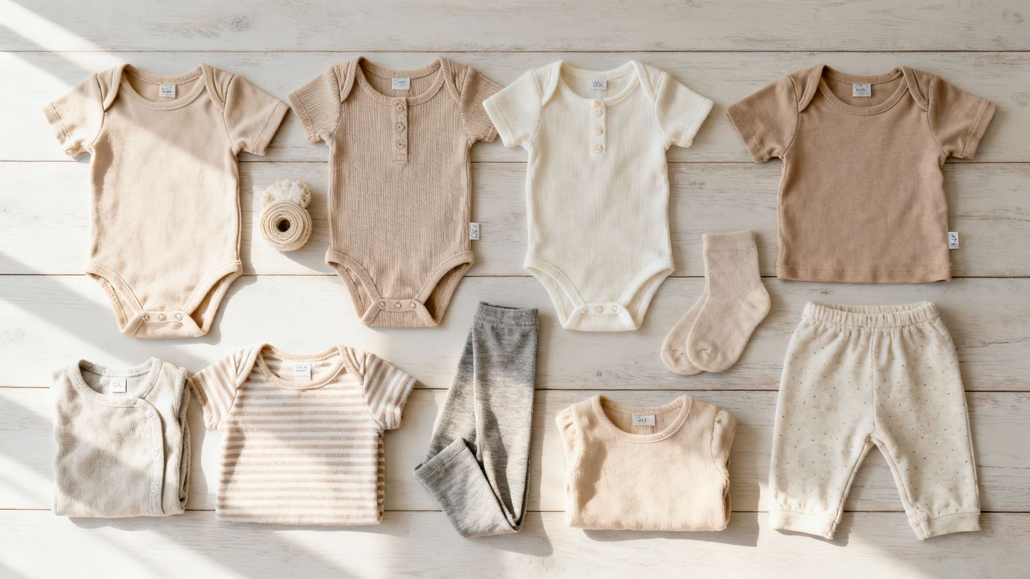 A top-down view of various neutral-colored baby clothes and accessories neatly arranged on a light wooden surface.