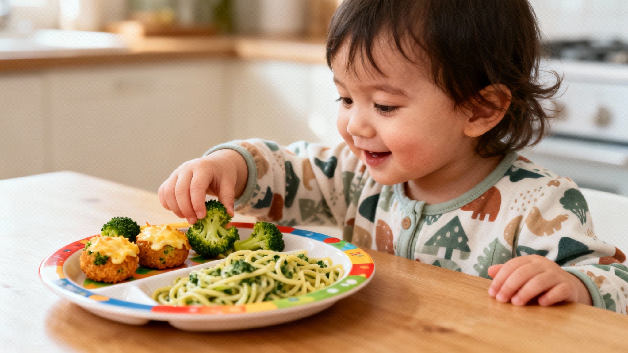 A happy toddler in a cute patterned onesie reaching for broccoli from a healthy meal.