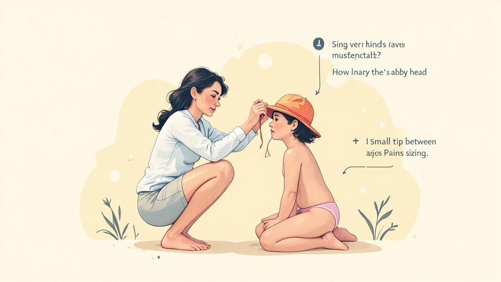 A baby wearing a sun hat that fits well