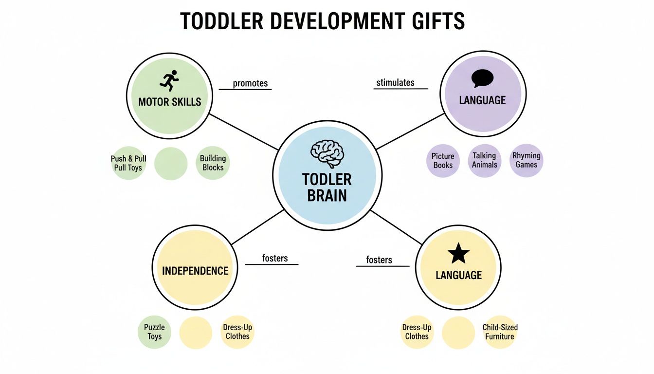 An infographic showing toddler development gifts promoting motor skills, language, and independence.