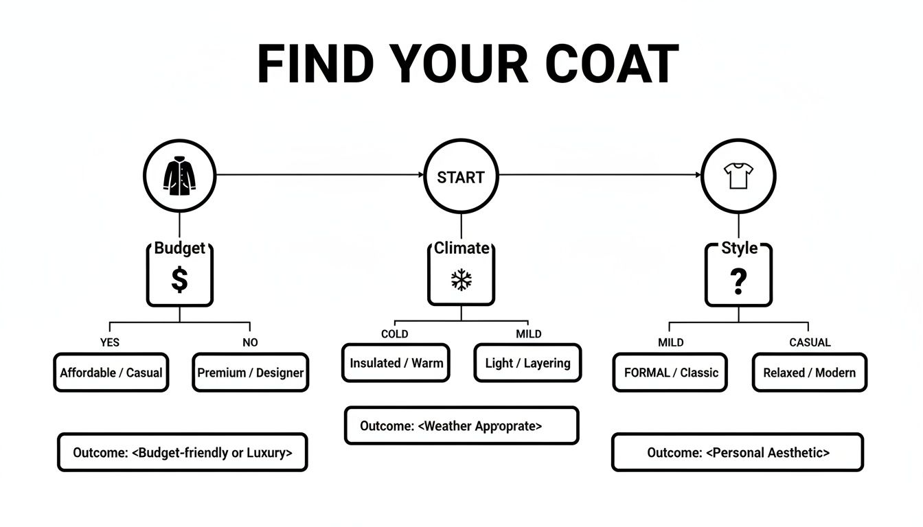 Flowchart for selecting a coat based on budget, climate, and personal style, titled 'FIND YOUR COAT'.