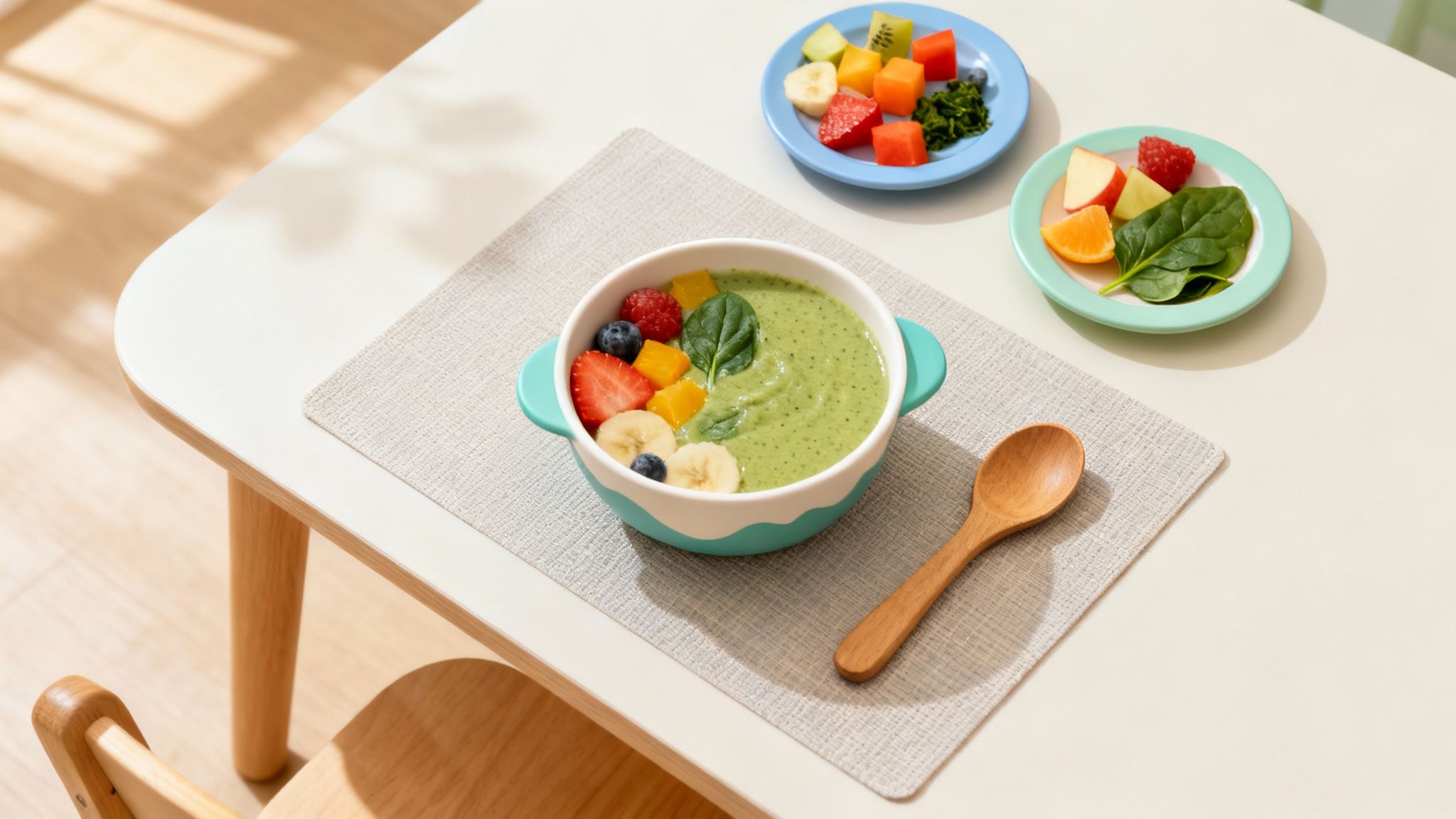 A vibrant green smoothie bowl topped with colorful fruits and spinach, served on a light table.