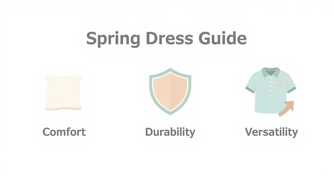 Spring dress guide showing three key features: comfort pillow icon, durability shield icon, and versatile polo shirt