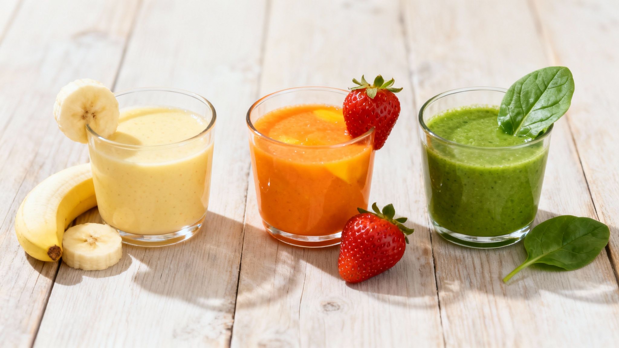 Vibrant banana, strawberry, and spinach smoothies with fresh fruit and vegetable garnishes.