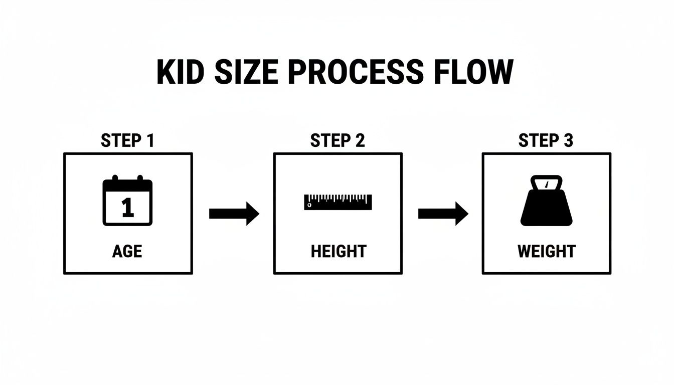 A three-step process flow for determining kid size, involving age, height, and weight measurements.