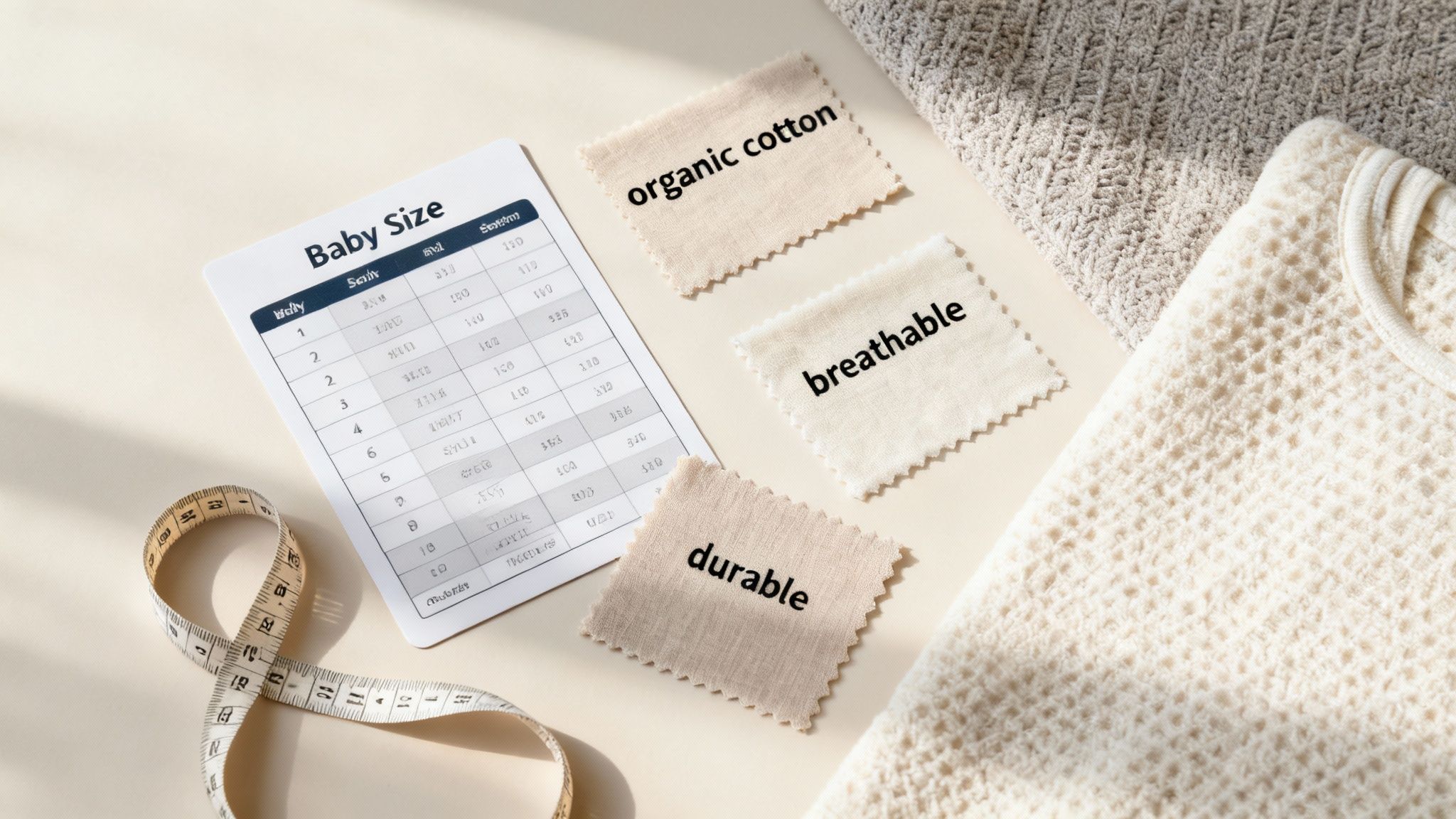 Flat lay of baby size chart, measuring tape, and fabric swatches for organic, breathable, durable cotton clothes.