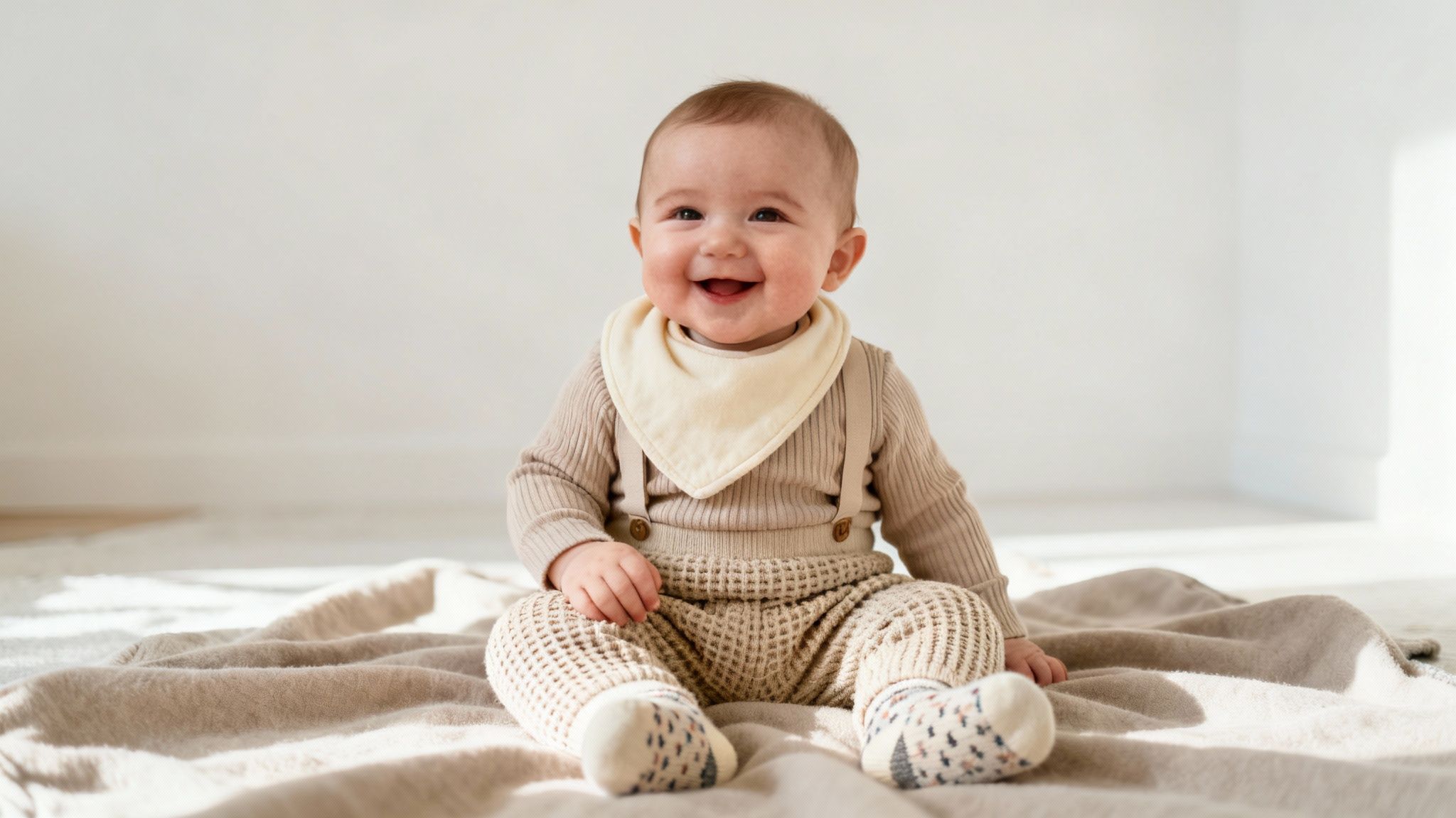 Smiling baby boy wearing neutral-colored ribbed top, waffle pants, bib, and patterned socks on a blanket.