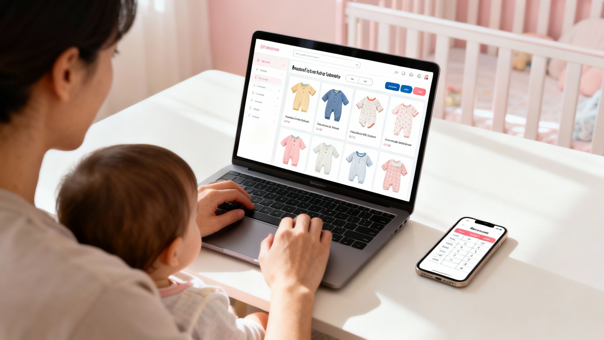 A parent and baby shop for baby clothes online on a laptop, with a phone nearby.