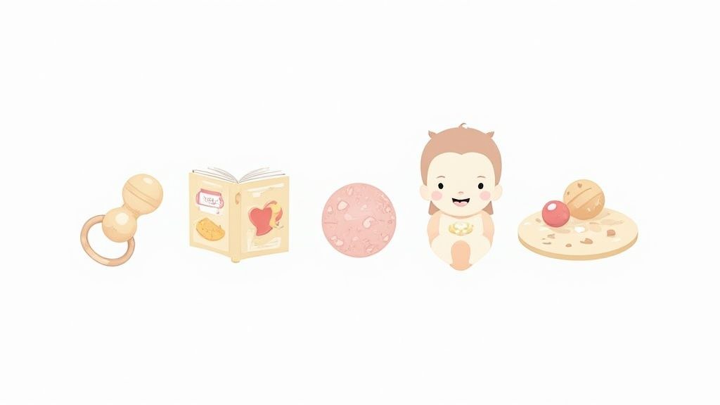 A collection of safe and colorful 5 month old baby toys arranged on a soft blanket.