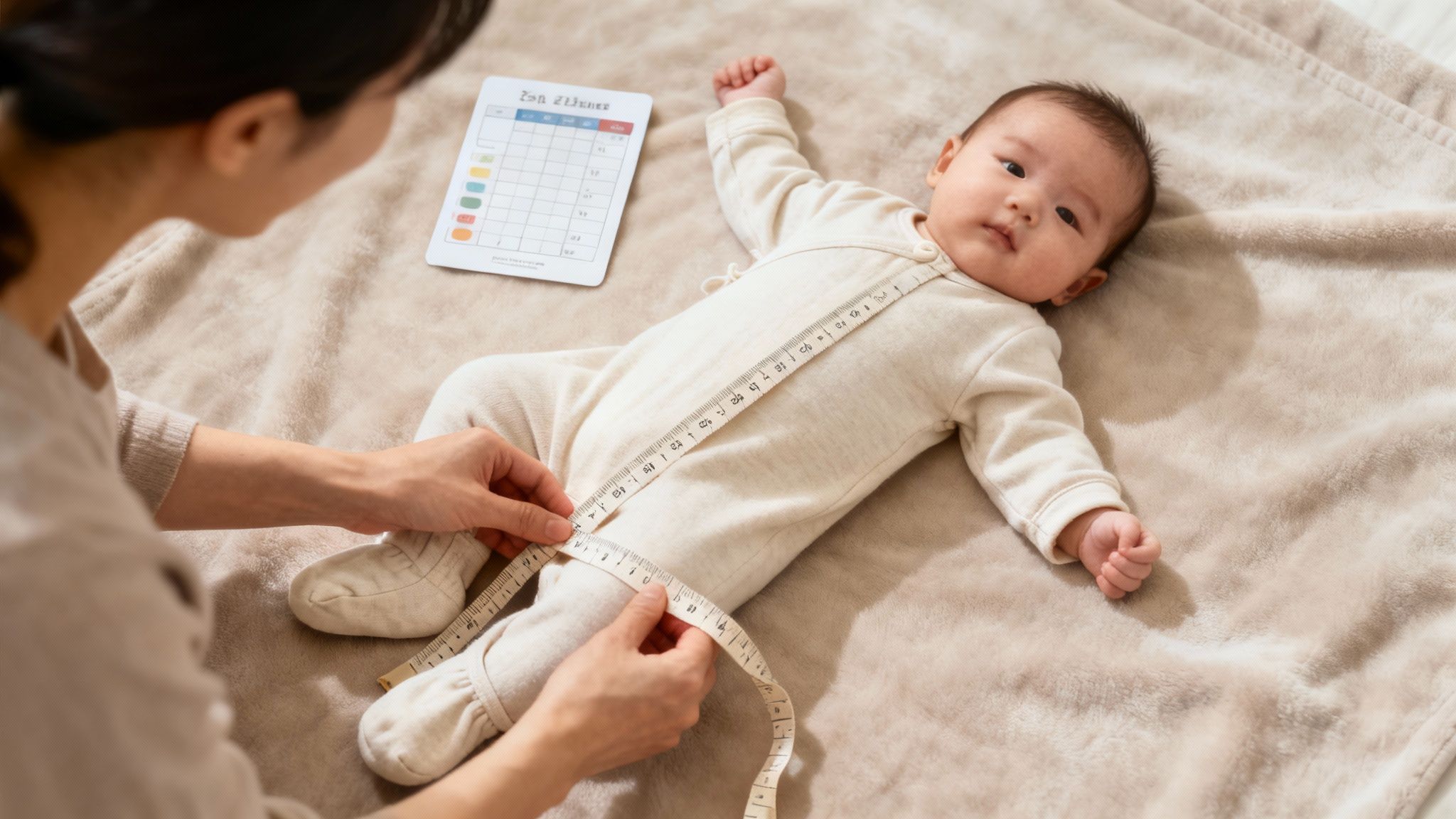 Parent measures baby wearing cotton footed pajamas on a soft blanket, tracking infant growth.