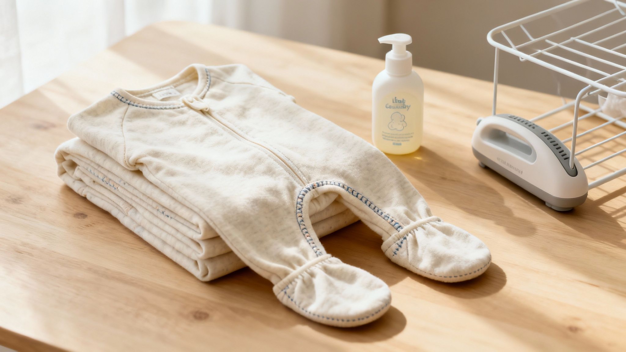 Soft cream baby footed pajamas neatly folded on a wooden table with baby lotion bottle.