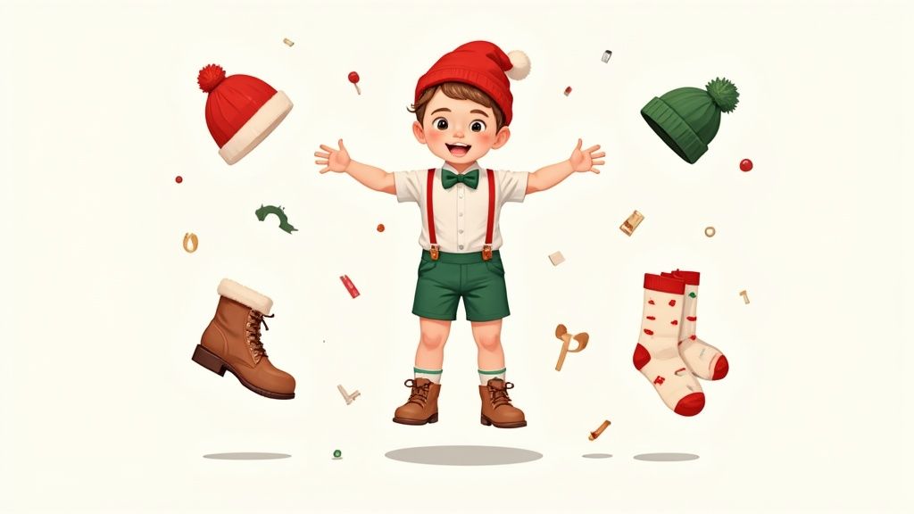 A young boy wearing a festive outfit with suspenders and a bow tie.