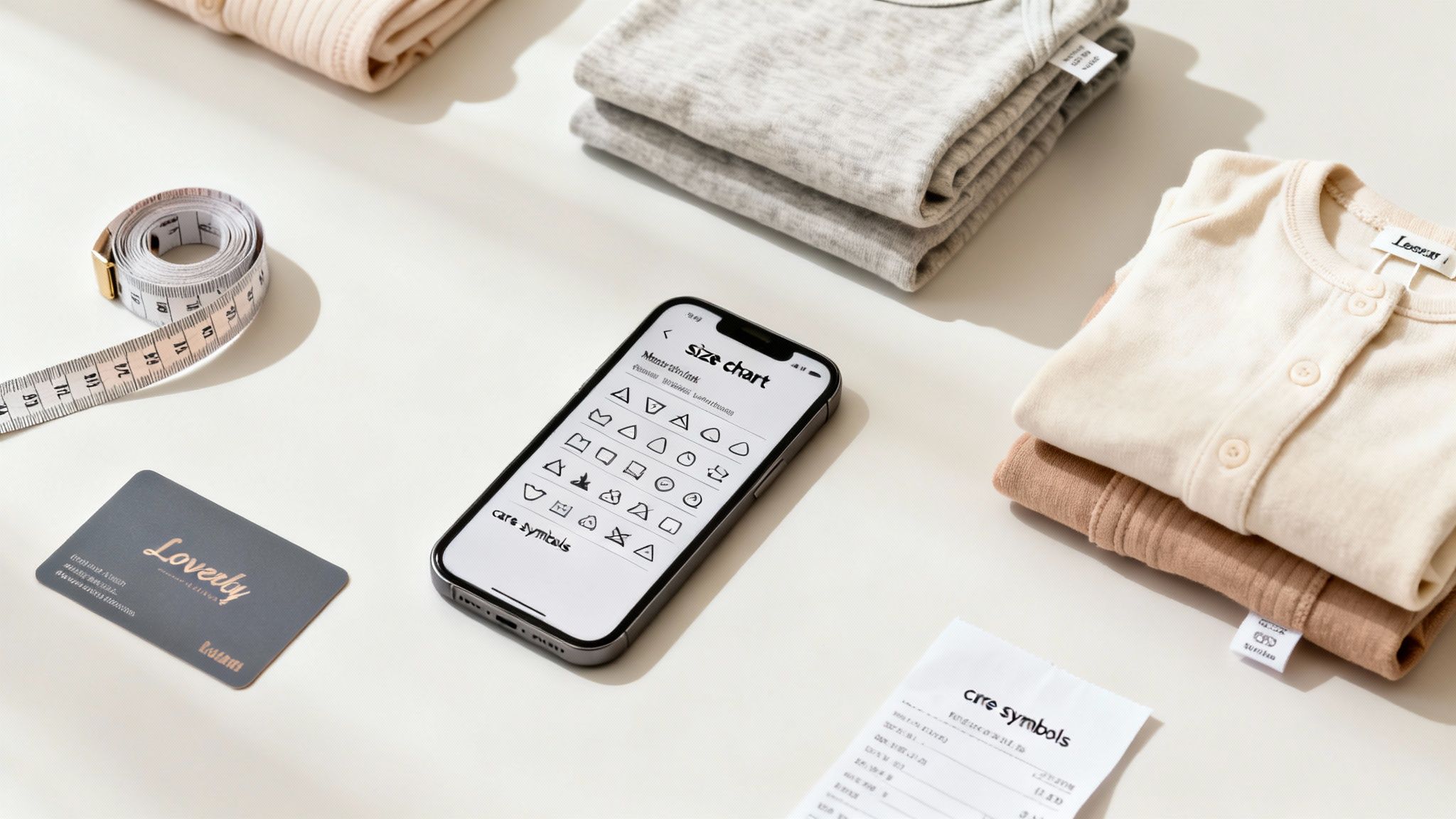 A flat lay of baby clothes, a measuring tape, and a smartphone displaying a size and care chart.