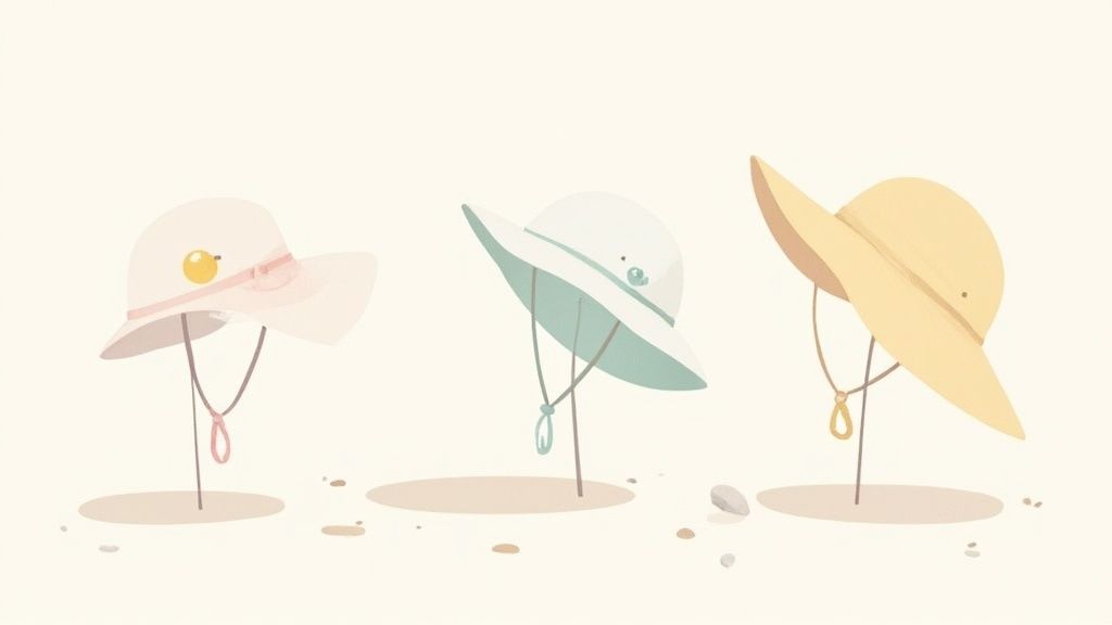 A baby playing outdoors wearing a sun hat