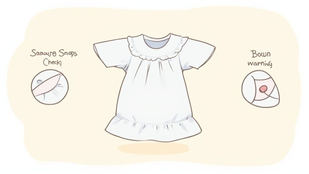 A close-up of a baby spring dress showing safe, flat seams and soft fabric.