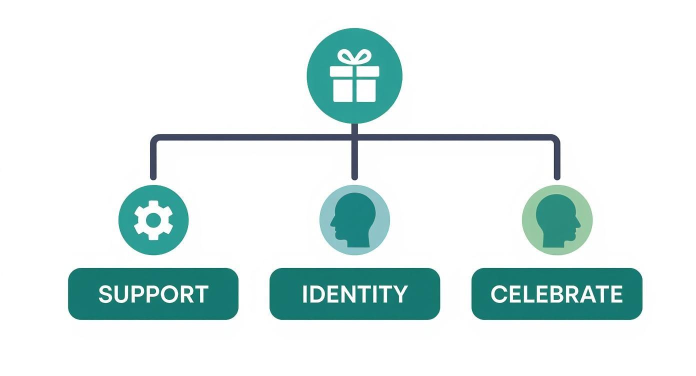 Flowchart showing three gift categories: support with gear icon, identity with profile, and celebrate with silhouette