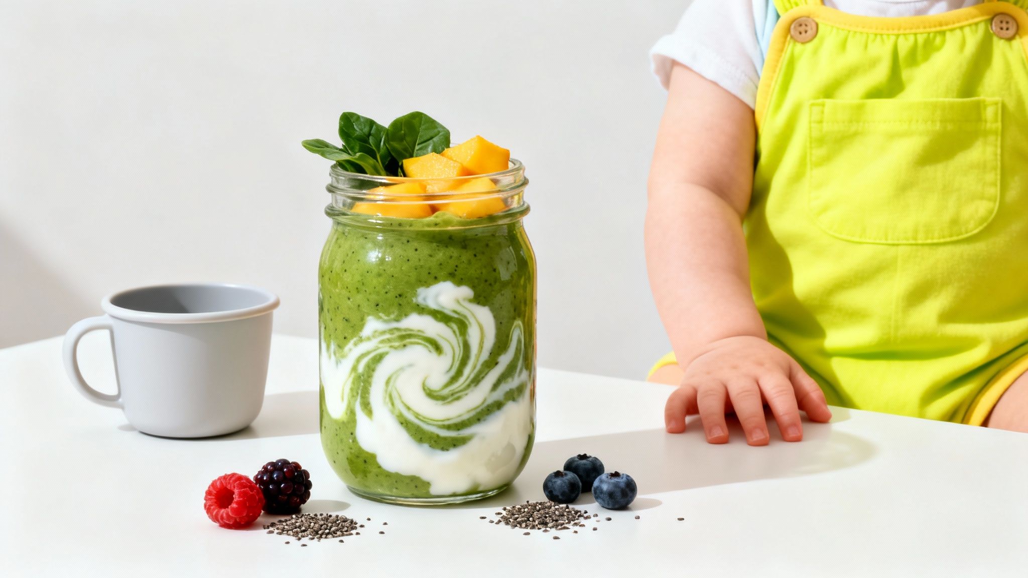 A baby's hand reaching for a healthy green smoothie with fruit, seeds, and a mug on a white table.