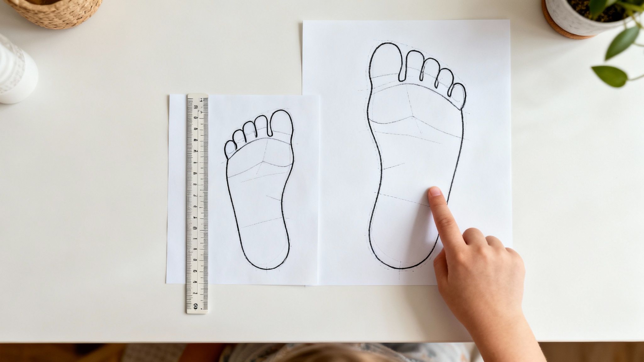 Child's hand pointing at a large foot outline on paper, next to a smaller one with a ruler.
