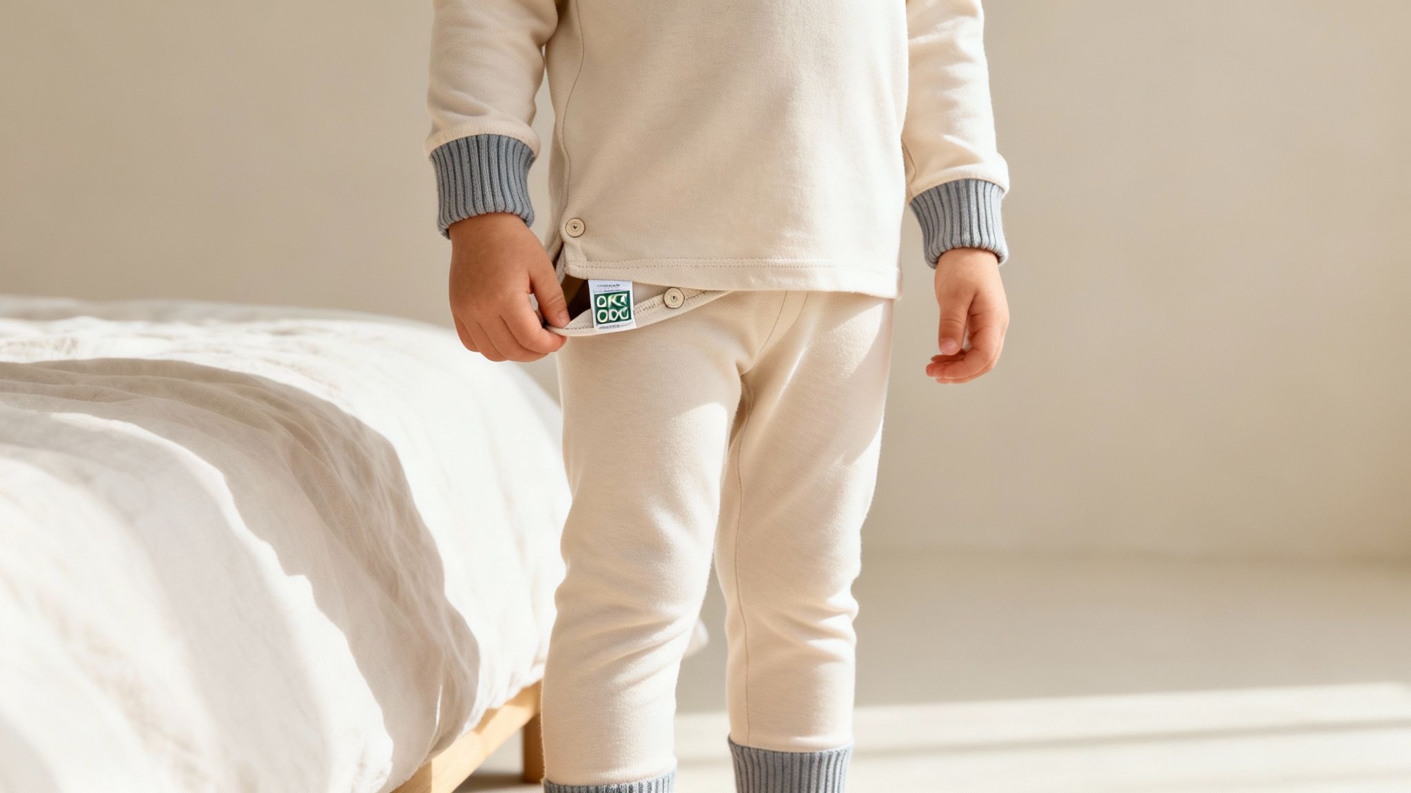 Close-up of a child wearing cream-colored pajamas with gray cuffs, showing a clothing tag.