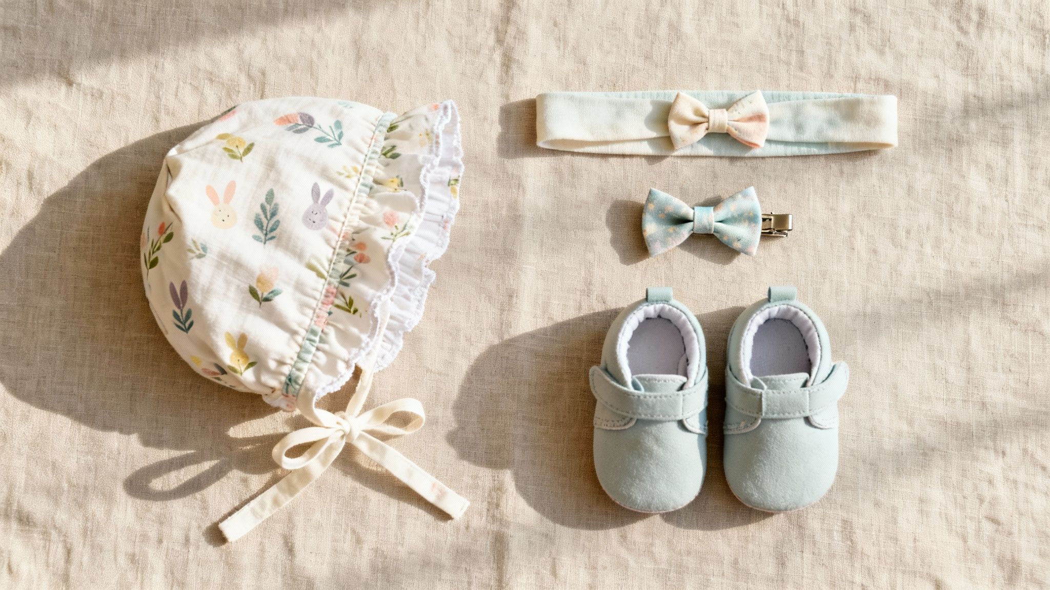 Baby Easter outfit flatlay with floral bonnet, bow accessories and soft blue shoes