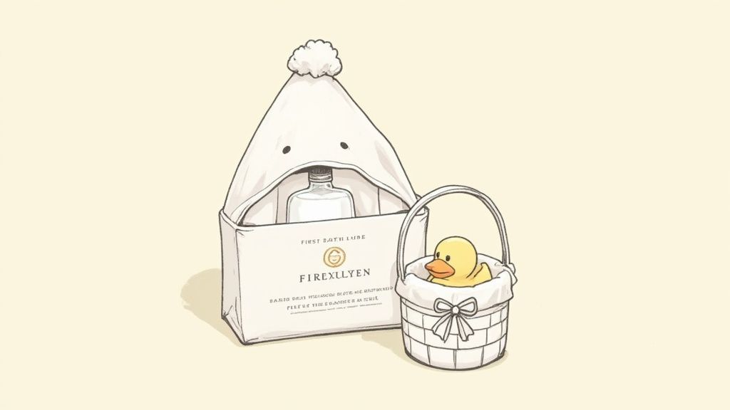 A curated gift bundle for a baby boy, including a soft blanket, a wooden toy, and a cute outfit.