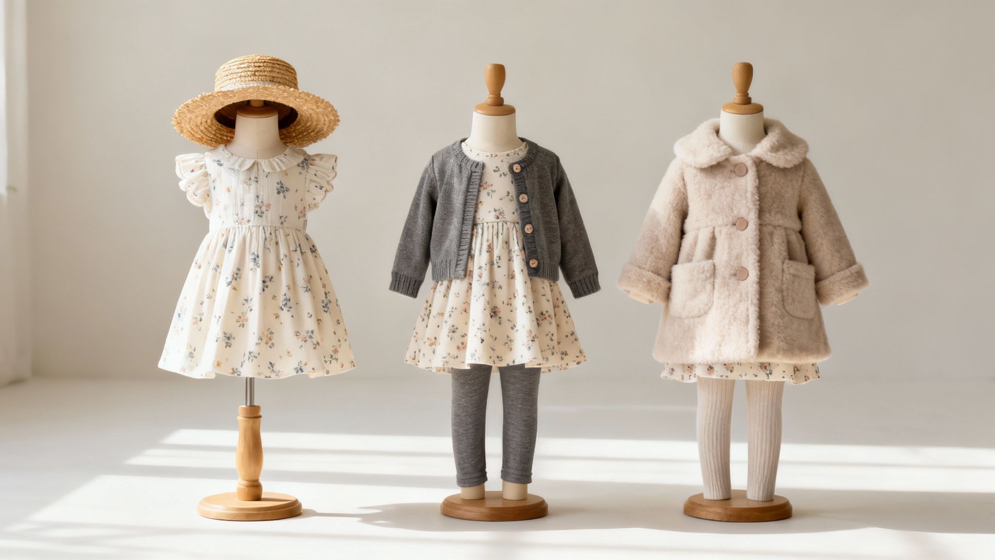 Three toddler girl mannequins display charming floral dresses with coordinating cardigans, coats, and hats.