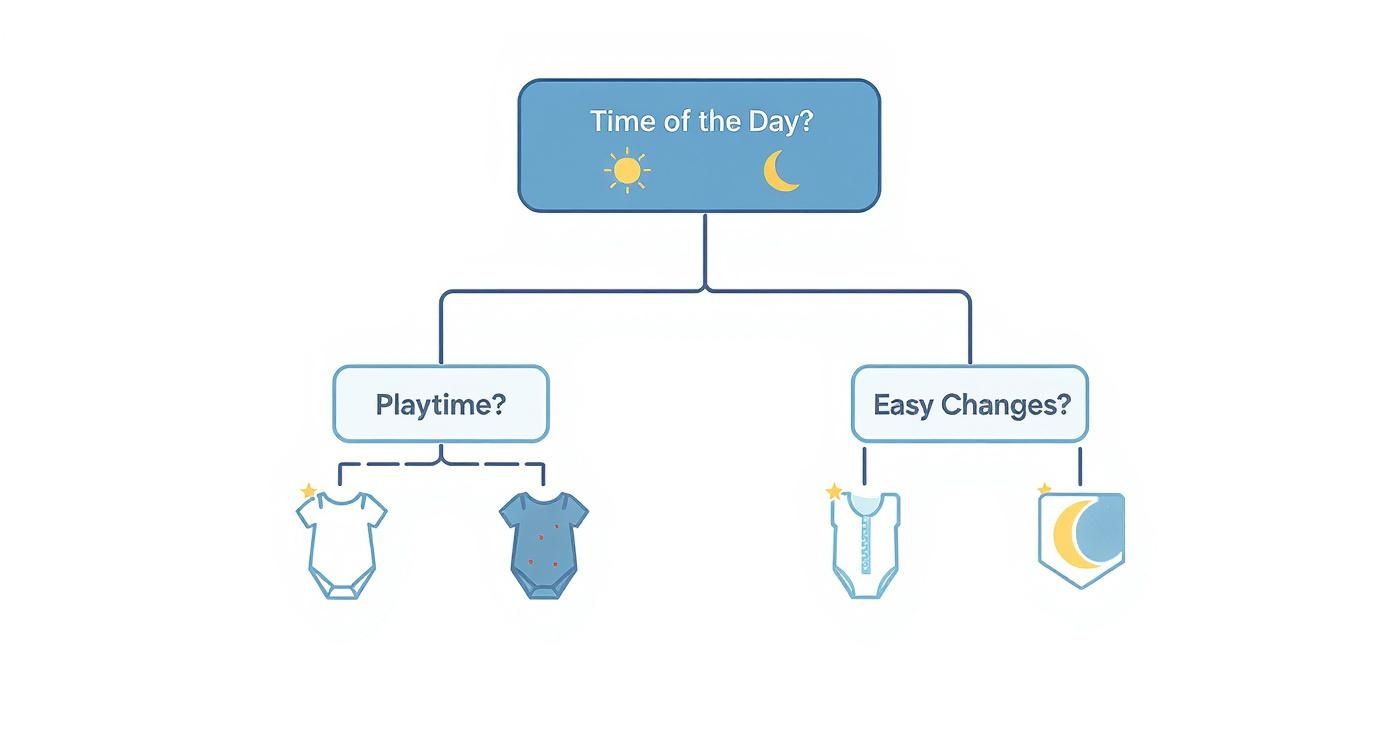 Flowchart guiding baby clothing choices for day or night, playtime, and easy changes like sleepwear.