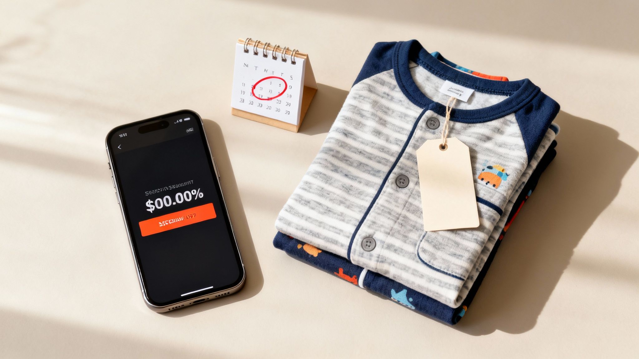 Children's pajamas with price tag, a smartphone displaying a discount, and a calendar, on a light background.