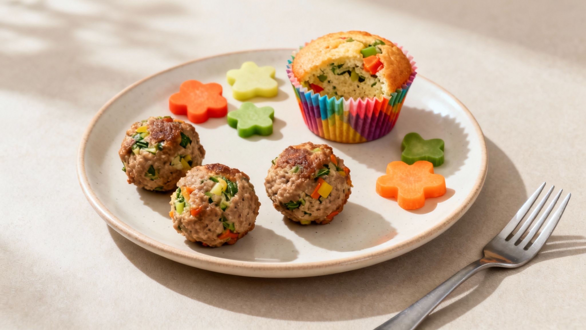 Healthy toddler meal plate with veggie meatballs, savory muffin, and colorful vegetable shapes