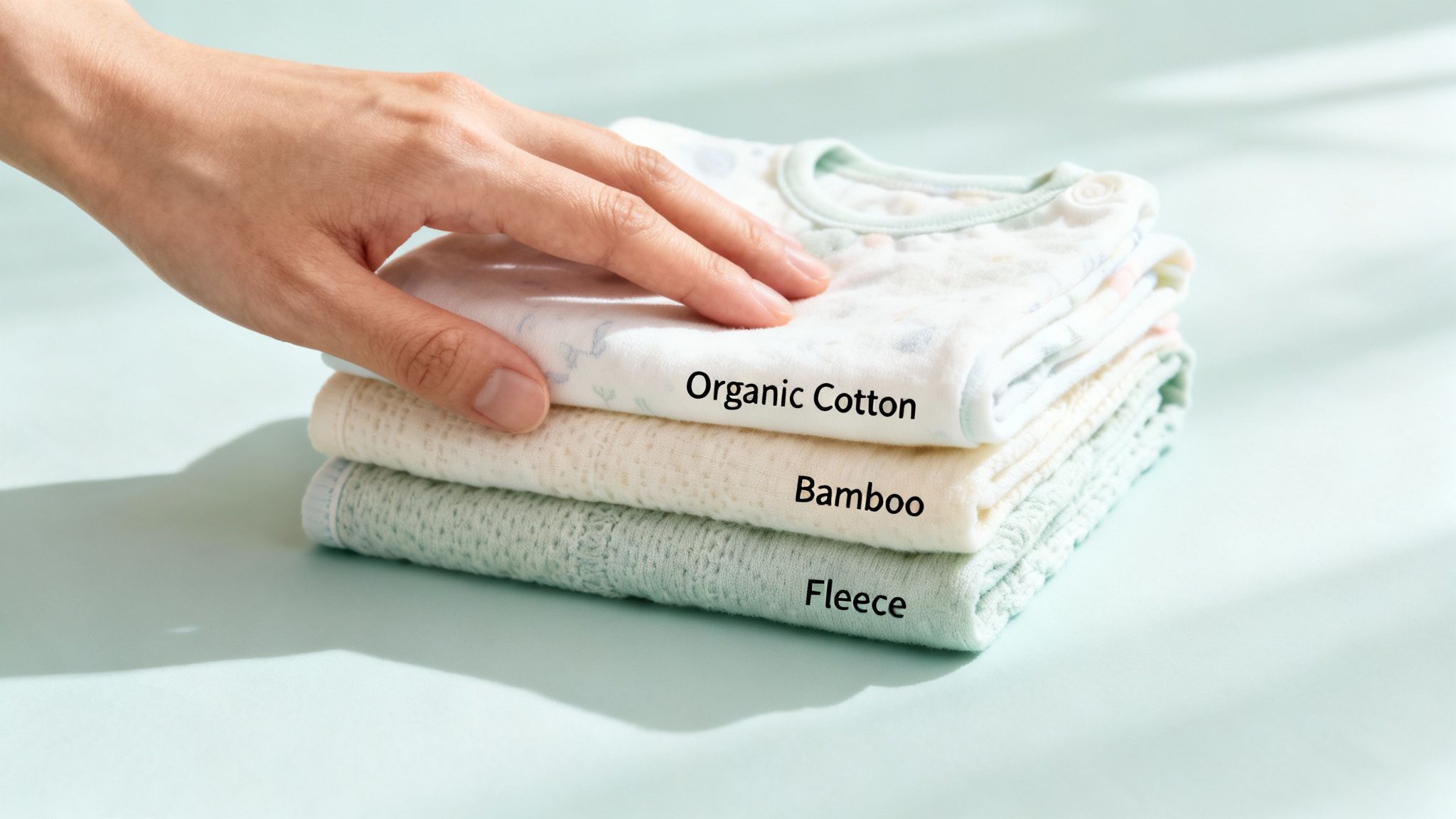 A hand touches a stack of baby clothes labeled organic cotton, bamboo, and fleece.