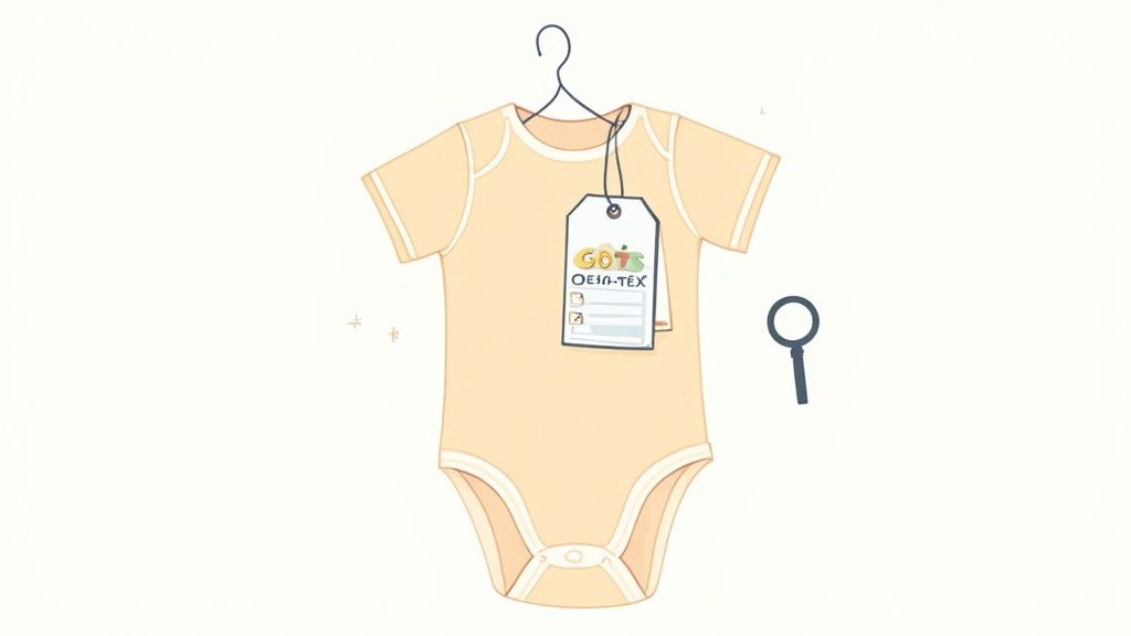 Close-up of an organic clothing label on a baby garment