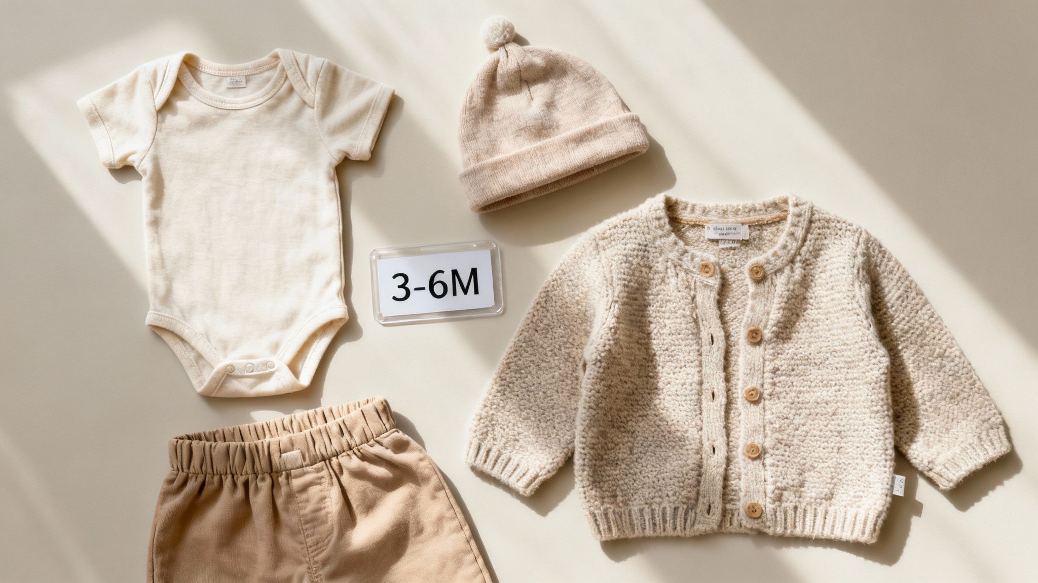 Flat lay of gender-neutral baby clothes including a cream bodysuit, knit hat, cardigan, and pants, for 3-6 months.