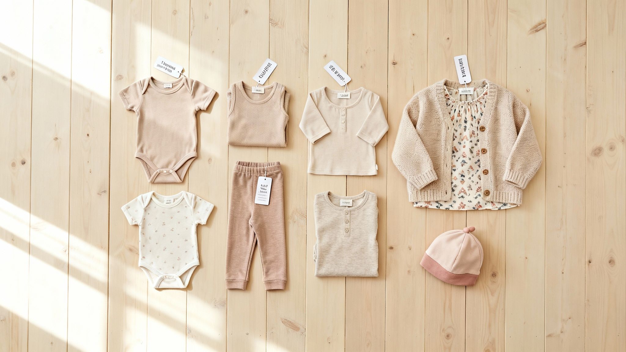 A flat lay of neutral-toned baby clothes, including bodysuits, trousers, cardigan, and a hat on a wooden background.