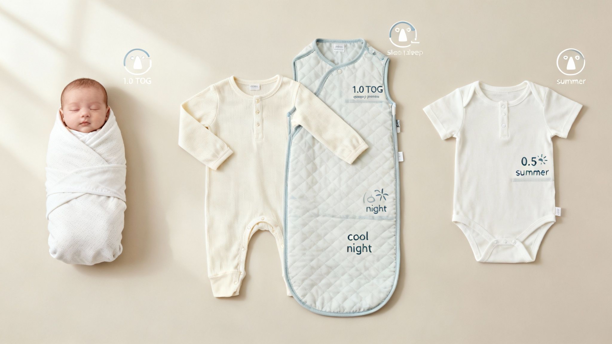 Baby sleep clothing guide showing swaddle, romper, sleep sack, and onesie with TOG ratings