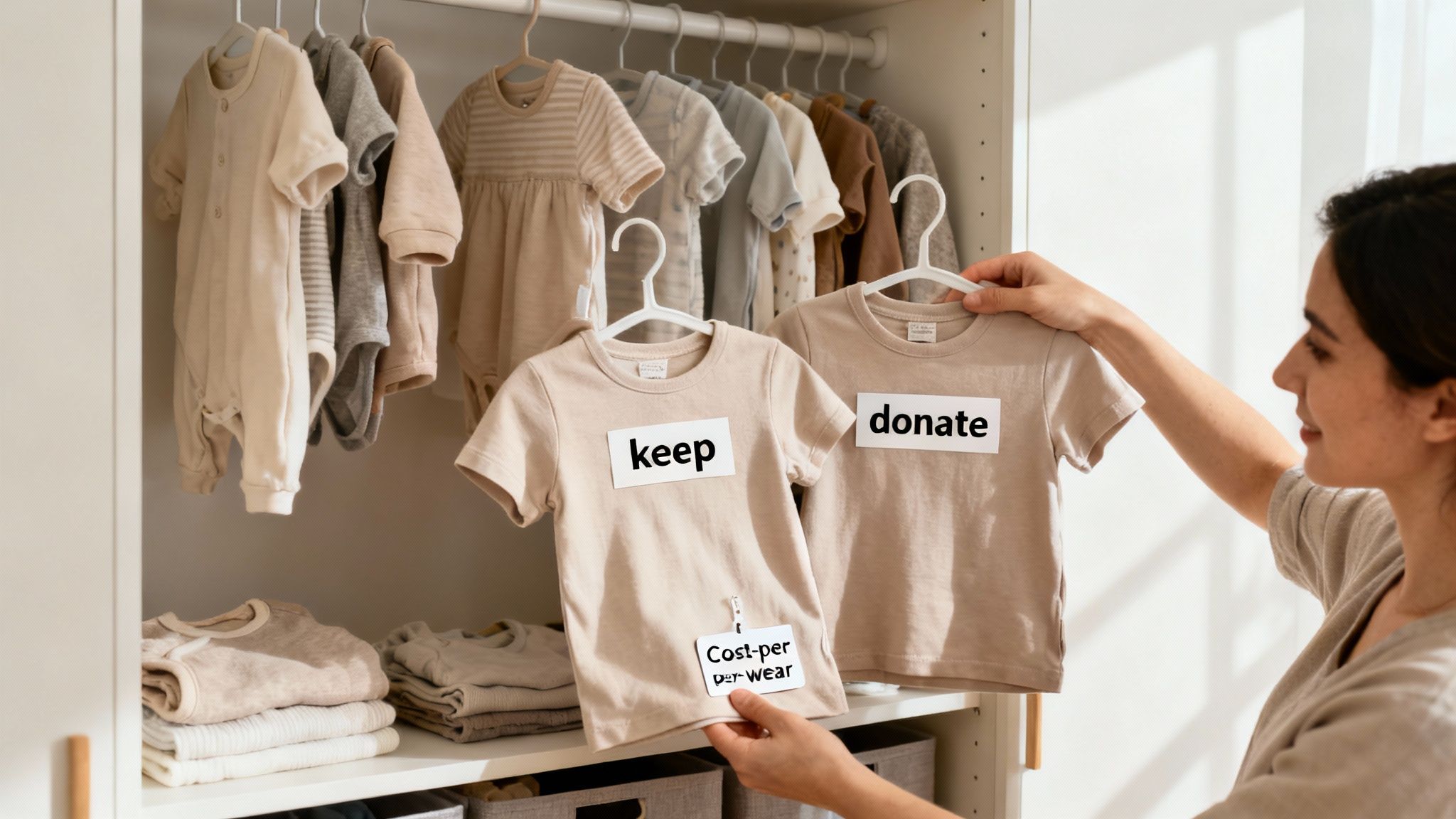 A woman sorts baby clothes in a closet, holding up shirts labeled 'keep' and 'donate' while considering 'cost-per-wear'.