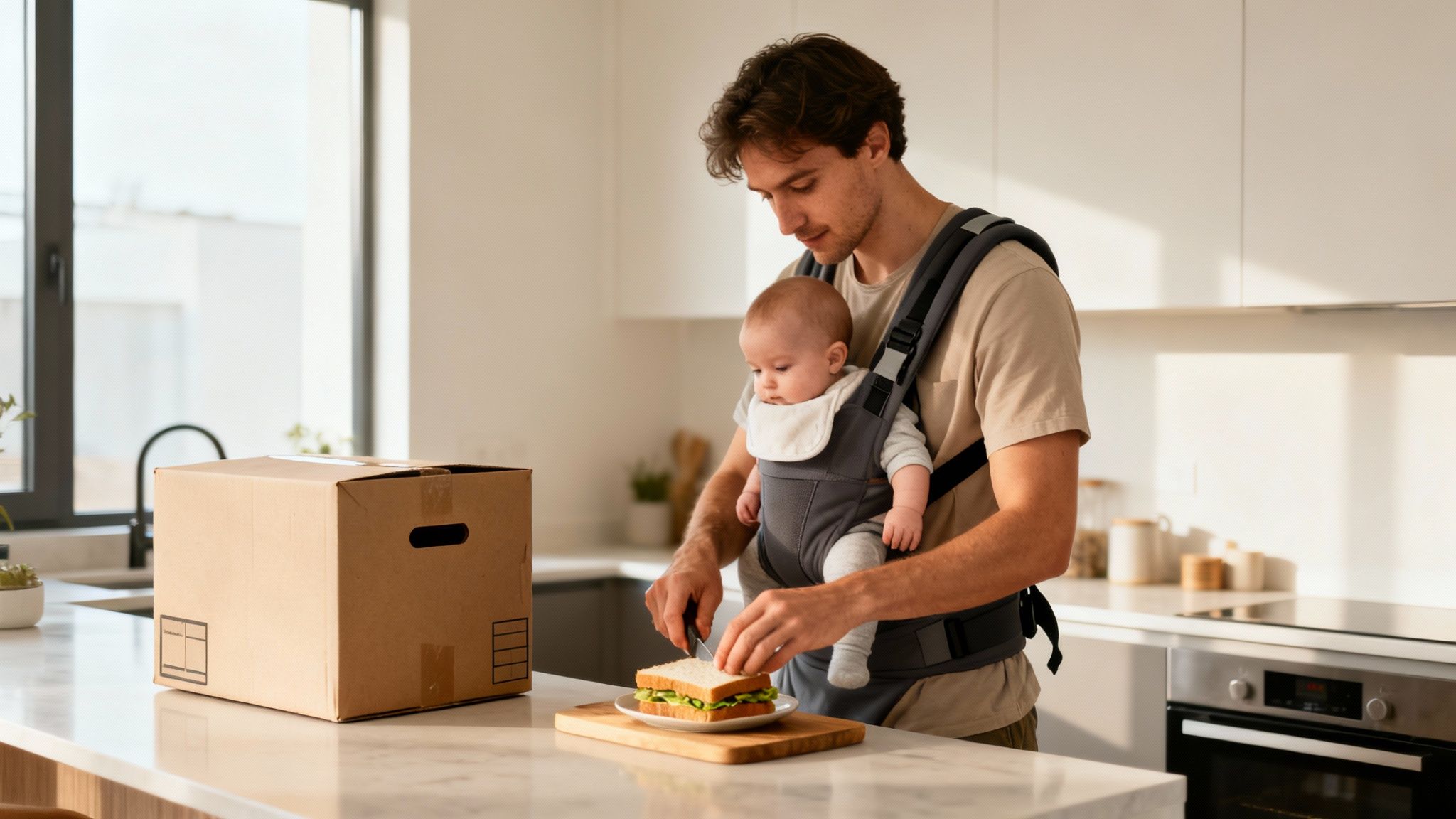 A young father in a baby carrier prepares a sandwich while a baby looks on in a kitchen.