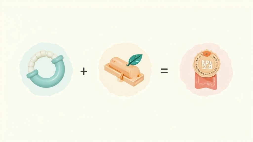 Parent examining a wooden baby toy for safety