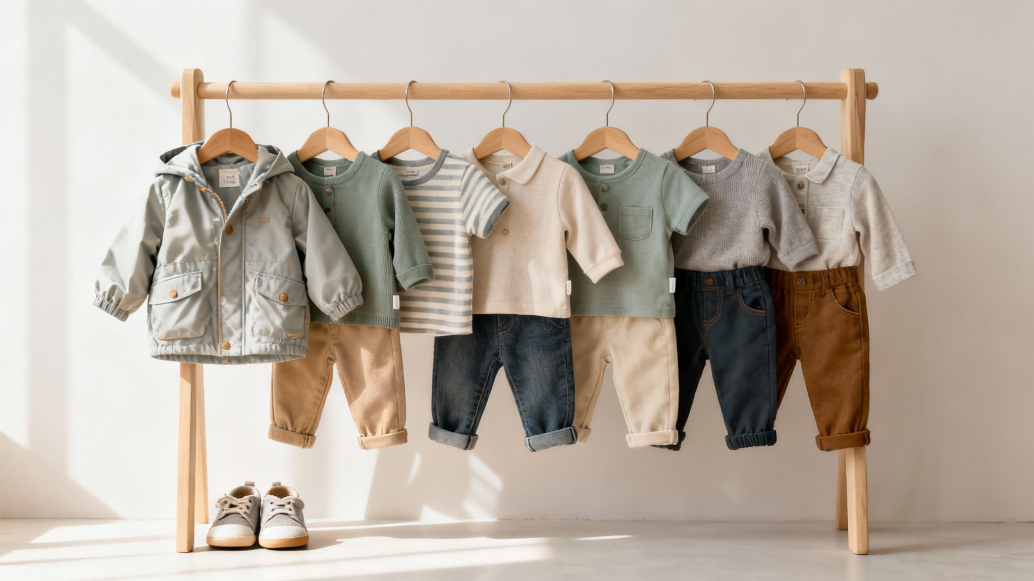 Assortment of neutral-colored baby boy clothes on a wooden rack, including jackets, shirts, pants, and shoes.