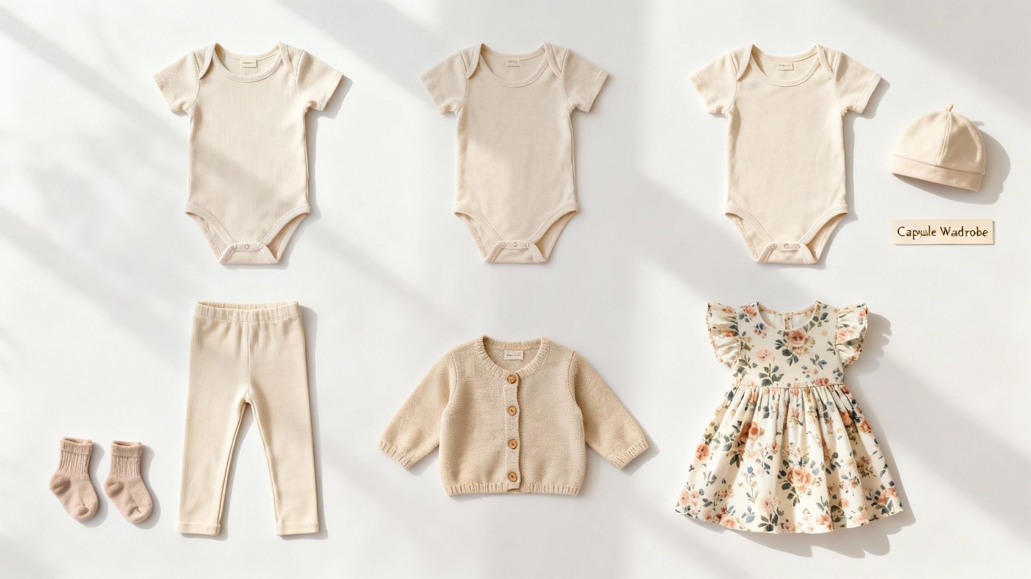 A flat lay of neutral baby clothes and a floral dress, forming a capsule wardrobe.