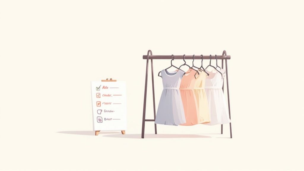 A baby girl in a beautiful floral dress, sitting on a soft blanket.