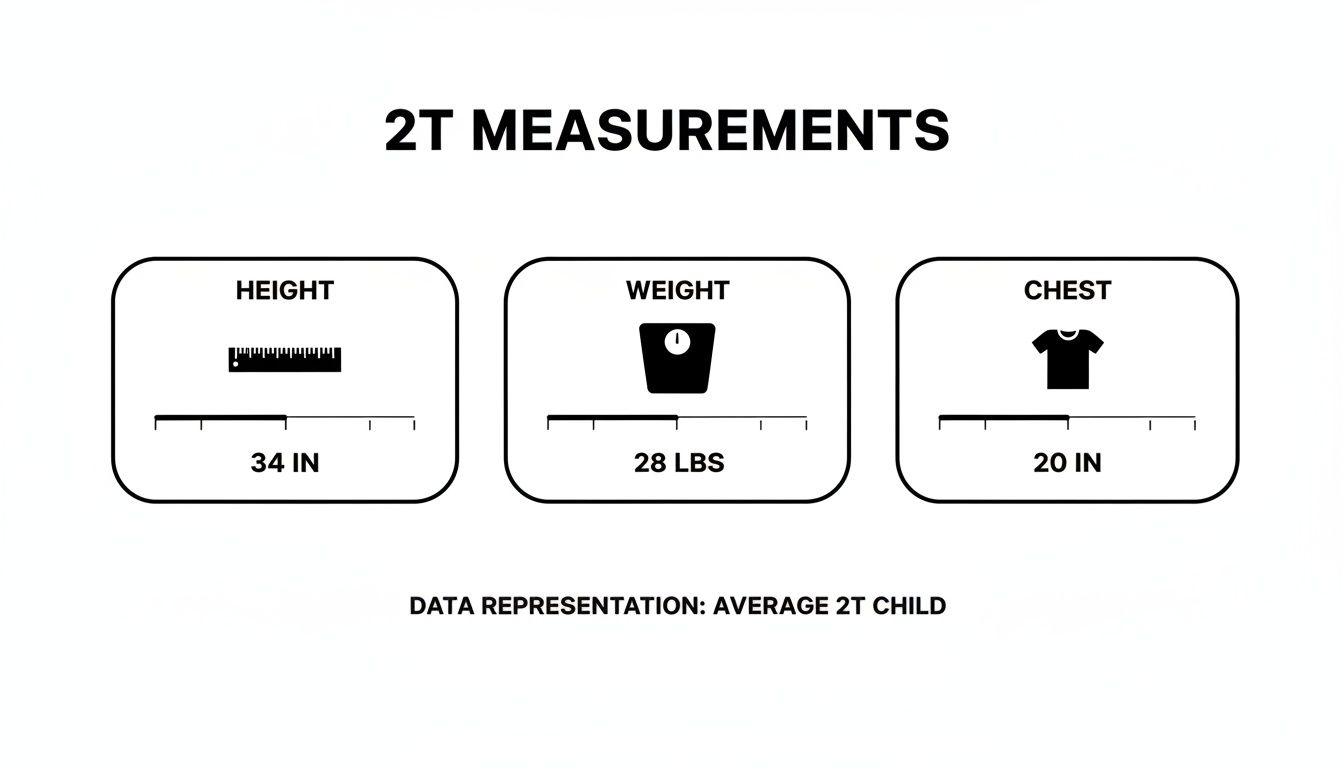 Average 2T child measurements displayed: height 34 inches, weight 28 pounds, and chest 20 inches.