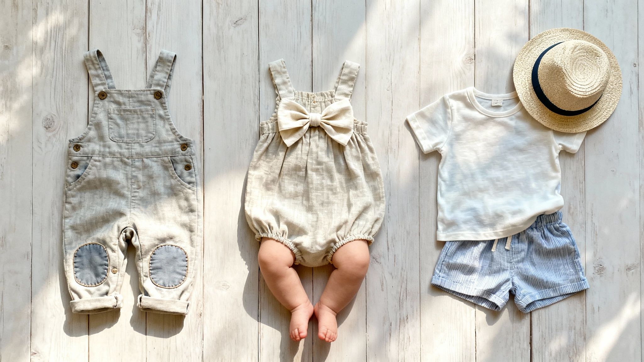 Three cute baby summer outfits, including overalls, a bow romper, and a hat with shorts, on wood.