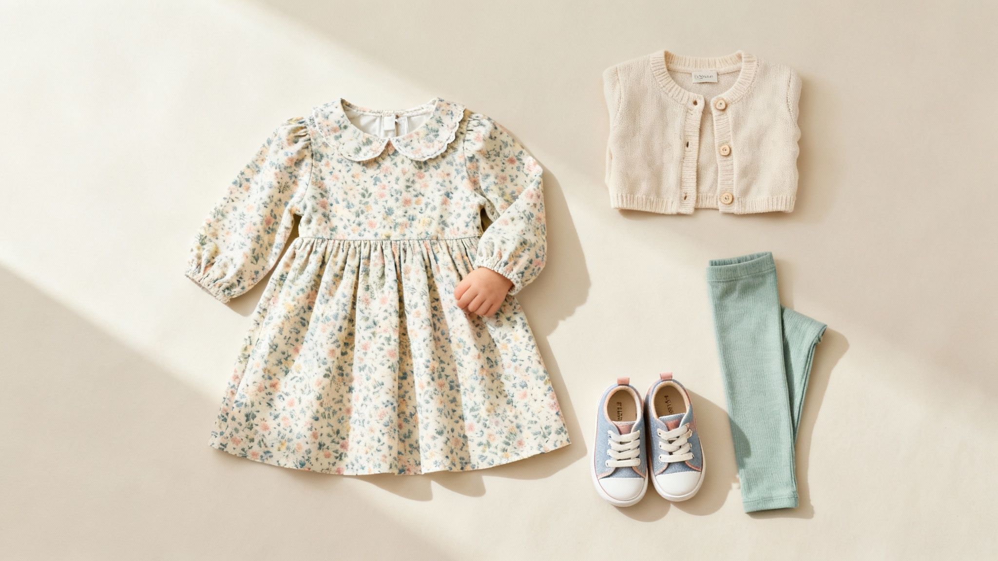 Toddler spring outfit flatlay featuring floral dress, cream cardigan, sneakers, and sage green tights