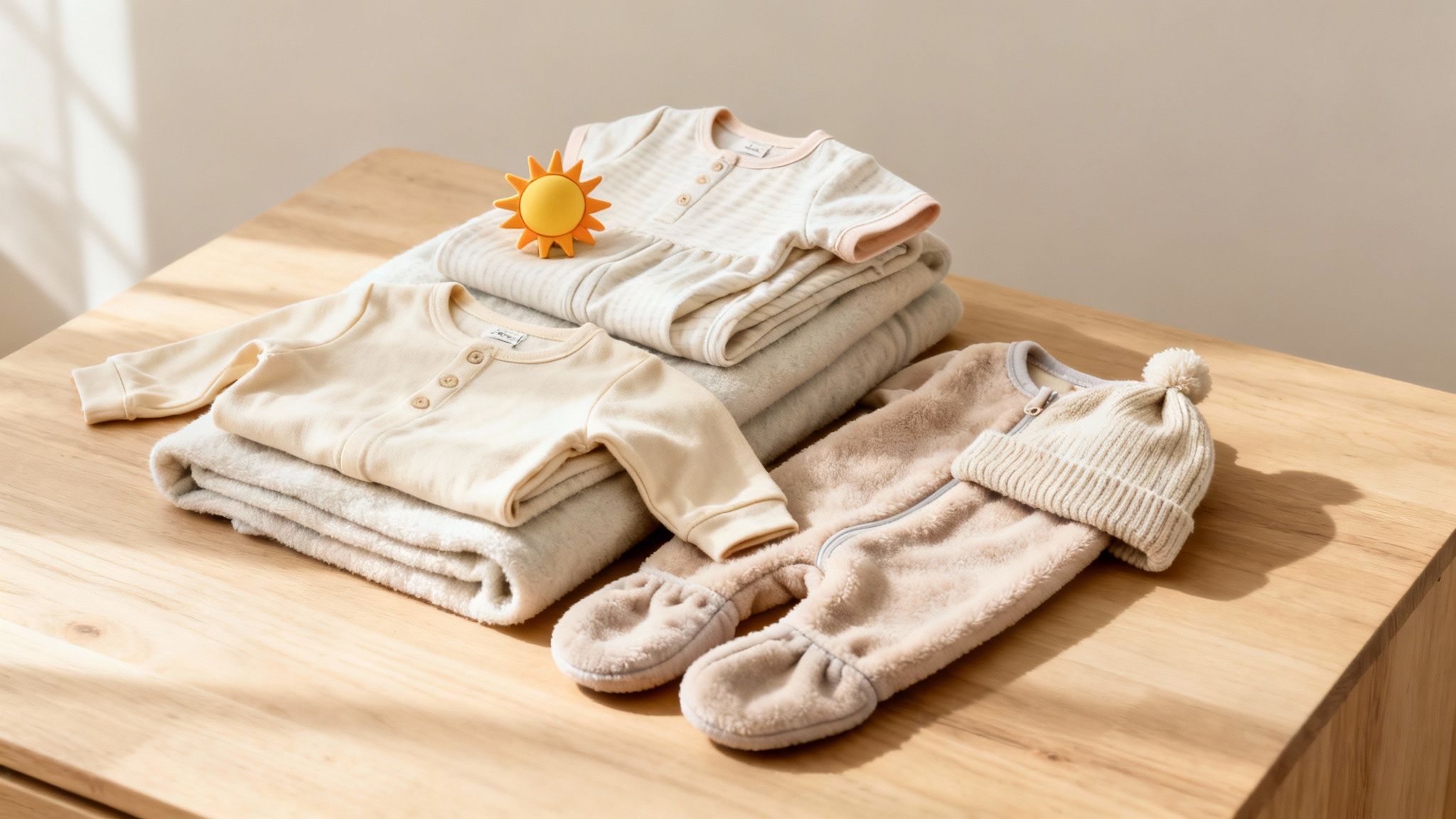 An assortment of neutral-colored baby clothes, blankets, and a sun toy on a light wooden table.